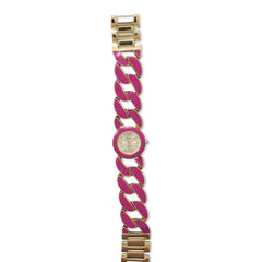 Gold Tone Curb Link Fashion Watch with Hot Pink Epoxy