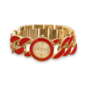 Gold Tone Curb Link Fashion Watch with Red Epoxy