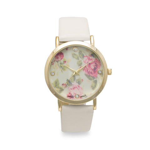 Ivory Leather Fashion Watch with Floral Design