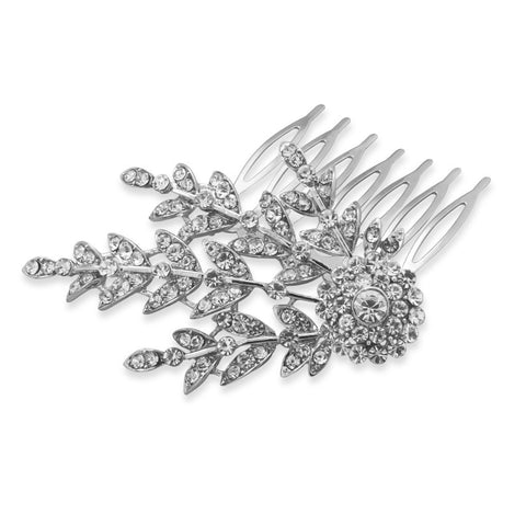 Silver Tone Floral Design Fashion Hair Comb with Crystal